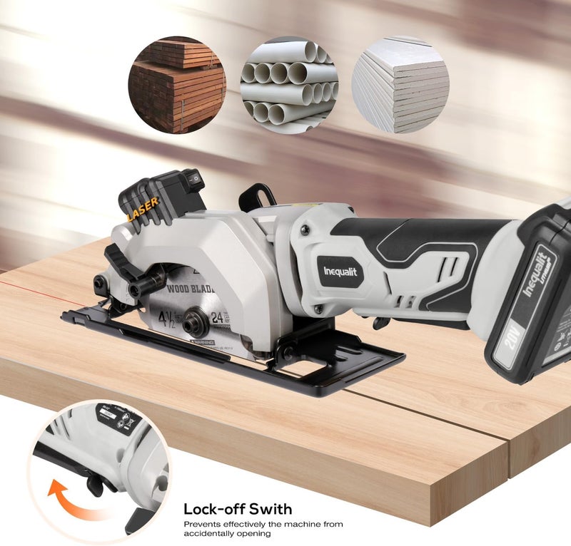Inequalit Cordless Mini Circular Saw, 4-1/2 Inch 3400 RPM Circular Saw with Laser Guide, Rip Guides, 2 Blades (24T Wood + 60T Metal), Max Cutting Depth 1-11/16" (90°), 1-1/8" (45°)" - Image 5